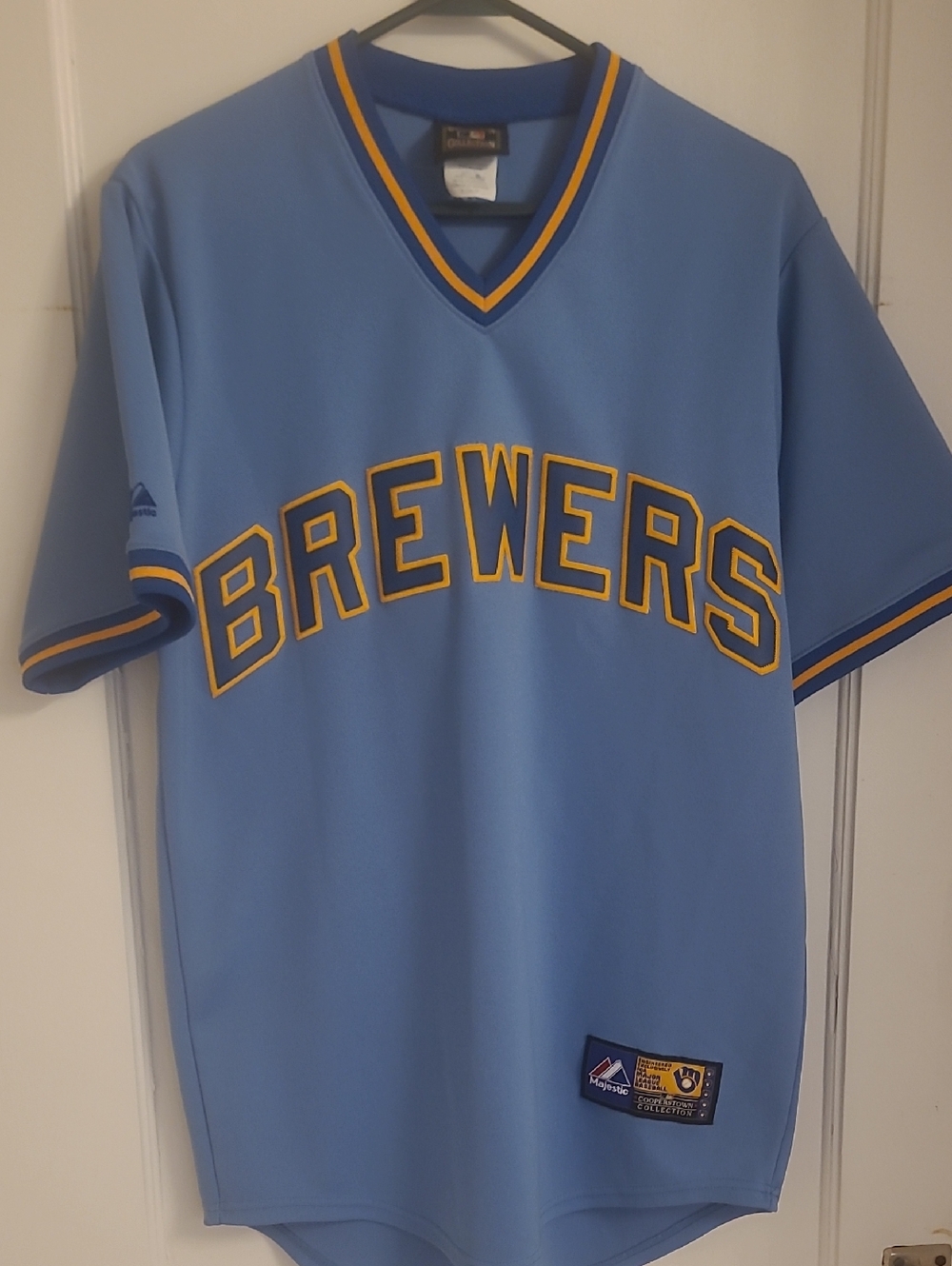 Majestic Cooperstown Light Blue Brewers Pullover Jersey with Yellow Trim